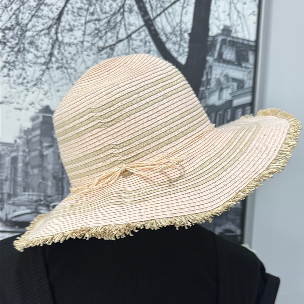 H&M Youth Women Straw Hat size 8-12Y Pink Tan Gold Foldable Travel Beach Vaca